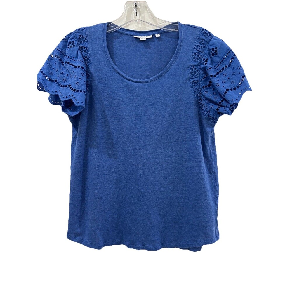Chicos Sz 1 Womens M Top Blue Eyelet Short Sleeves 100% Linen Body